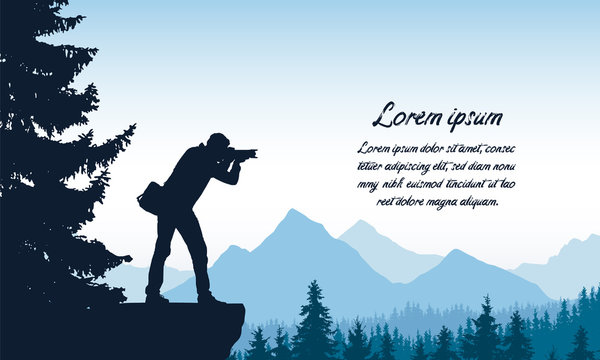 Set realistic silhouettes of male photographer standing on rock with camera. Mountain landscape with forest under blue sky, with space for text, vector