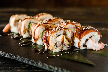 rolls with fresh fish, vegetables and cream cheese