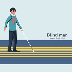 Blind man with a white cane walking down the street. Vector illustration flat design. Isolated on white background. Special sidewalk for the disabled. Road with yellow tips.