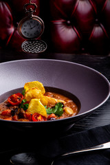 restaurant dishes. Beautiful and tasty meat stew on a plate. beautiful serving food