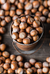 Hazelnuts on rustic wooden background. Food background. Print for kitchen