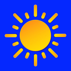 Sunny Day Weather forecast info icon. Yellow Sun symbol paper cut style on blue. Climate weather element. Trendy button for Metcast WF report mark, meteo mobile app, business, web.