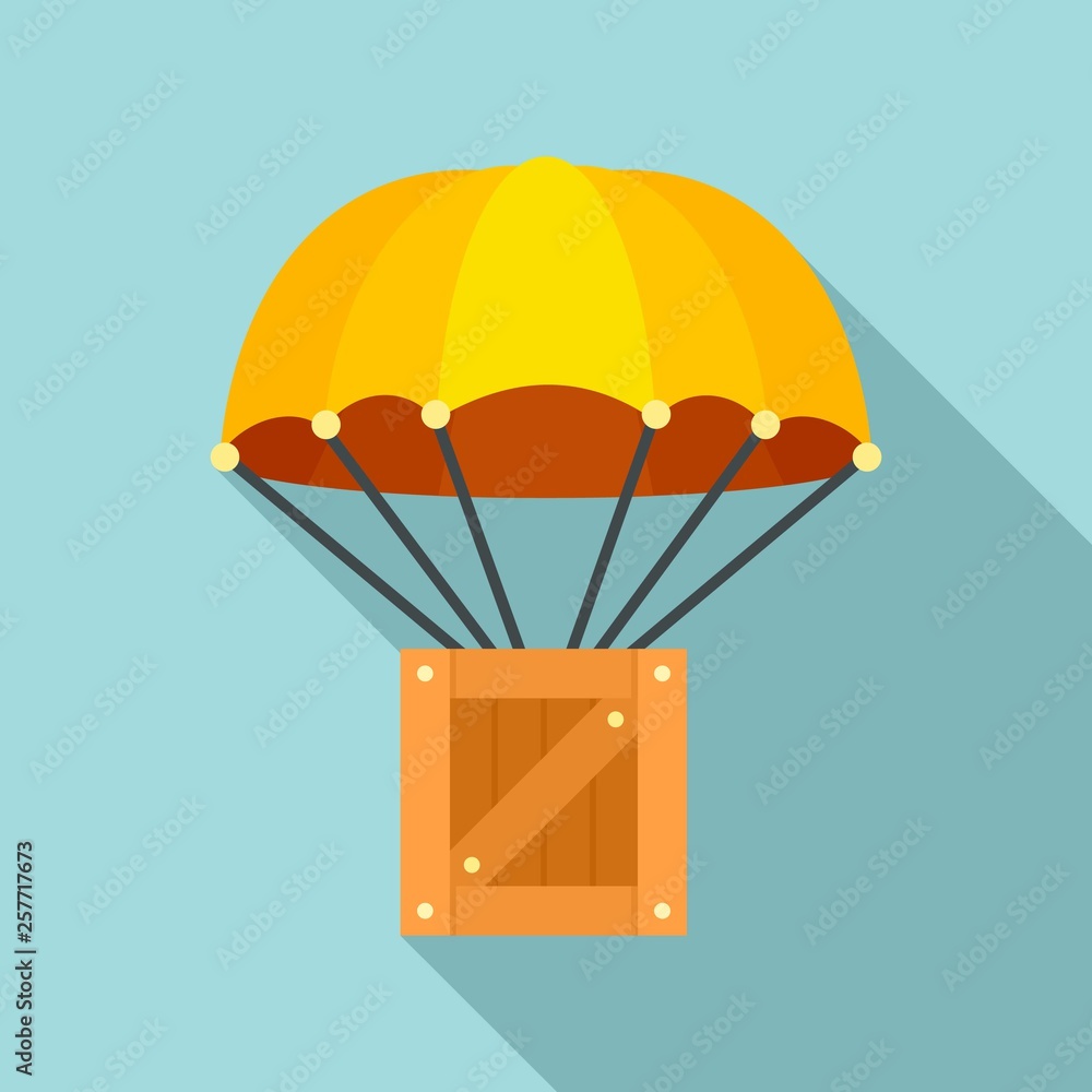 Sticker Parachute delivery box icon. Flat illustration of parachute delivery box vector icon for web design