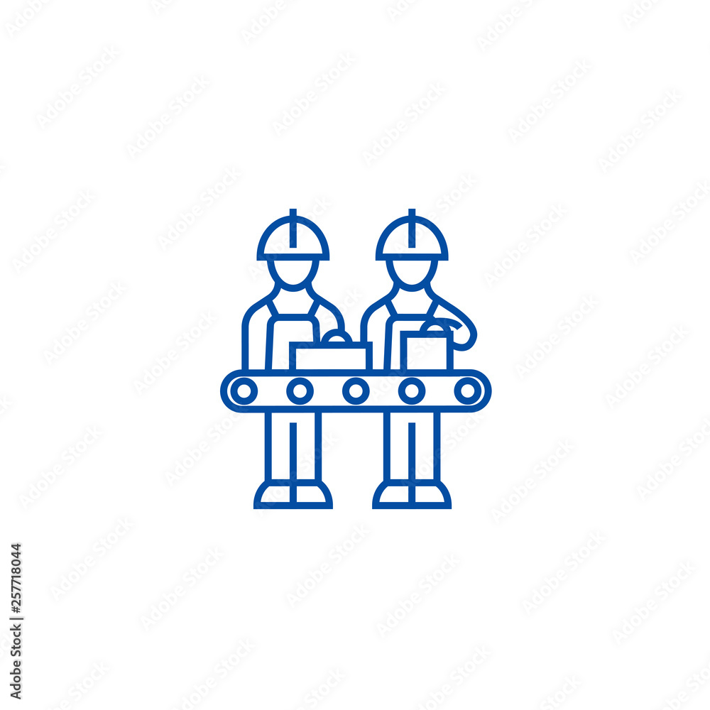 Poster assembly line line concept icon. assembly line flat vector website sign, outline symbol, illustratio