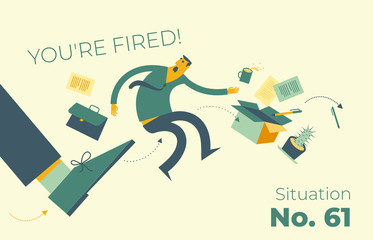 Business infographics with illustrations of business situations. A man gets kicked out of his job. Kicked in the back. Dismissal, unemployment. Flat illustration design for presentation, web, landing 