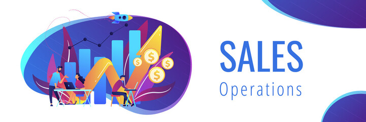 Sales managers with laptops and growth chart. Sales growth and manager, accounting, sales promotion and operations concept on white background. Header or footer banner template with copy space.