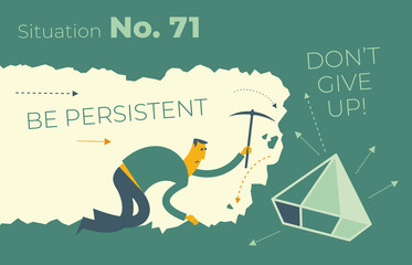 Flat design illustration for presentation, web, landing page: A man digs in a tunnel trying to get to the treasure, reward, diamond. Persistent strong man reaches the goal.