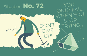 Flat design illustration for presentation, web, landing page: A man digs in a tunnel trying to get to the goal, rewards. He gave up and stopped trying. The fatigue and impotence of man.