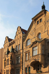 Architectural elements of the facade of the building in the historic center of Prague Czech Republic