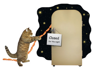 The cat steals sausage from the fridge. There is a sign " closed for the night " on the refrigerator. White background.