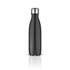Vector Realistic 3d Black Empty Glossy Metal Reusable Water Bottle with Silver Bung Closeup on White Background. Design Template of Packaging for Mock up, Package, Advertising, Logo. Front View
