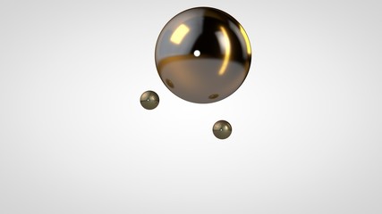 3D illustration of a Golden ball surrounded by two small balls isolated on a white background. Abstract representation of geometric shapes. 3D rendering