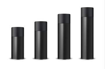 Vector 3d Realistic Black Blank Spray Can, Spray Bottle with Cap Set Closeup Isolated on White Background. Design Template of Sprayer Can for Mock up, Package, Advertising, Hairspray, Deodorant etc