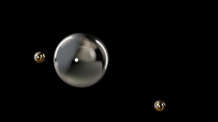 3D illustration of a silver large ball surrounded by two small gold balls isolated on a black background. Abstract representation of geometric shapes. 3D rendering