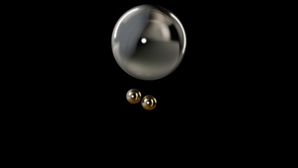 3D illustration of a silver large ball surrounded by two small gold balls isolated on a black background. Abstract representation of geometric shapes. 3D rendering