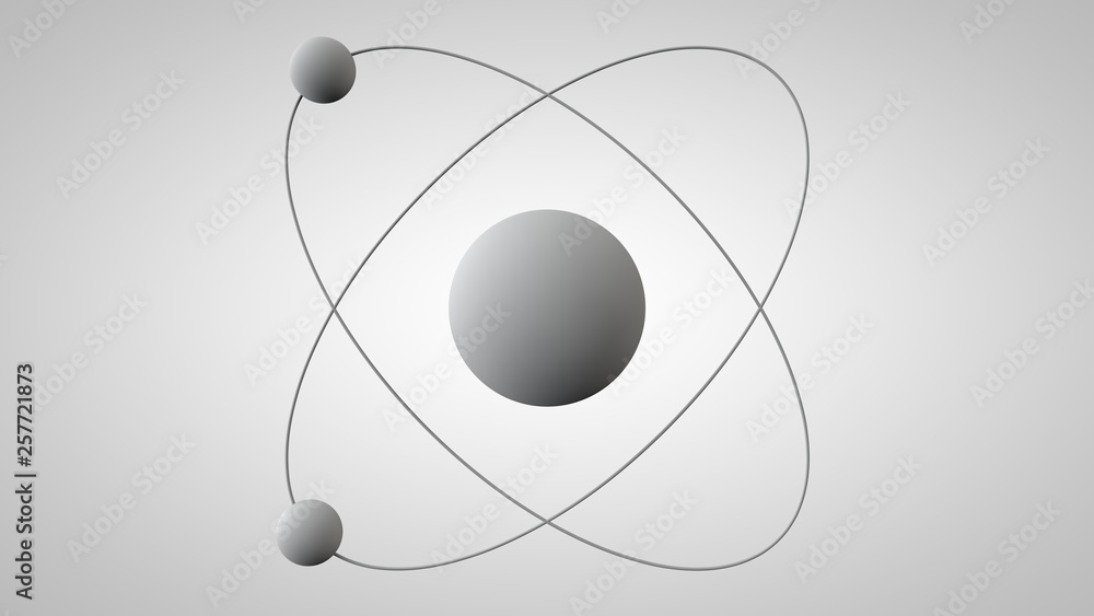 Aufkleber 3d illustration of an atom model with a nucleus and two electrons in orbits. 3d model of the structu
