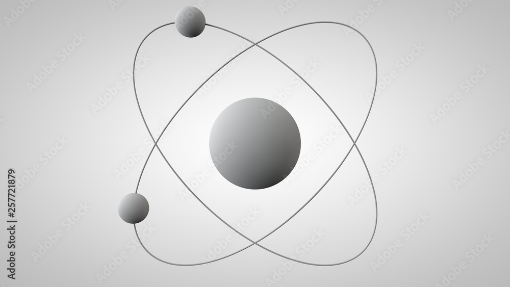 Aufkleber 3d illustration of an atom model with a nucleus and two electrons in orbits. 3d model of the structu