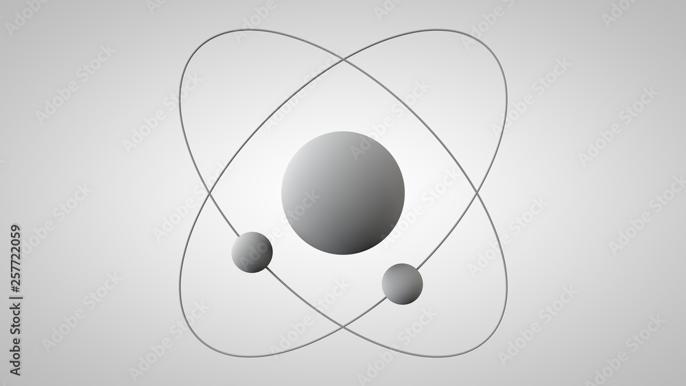 Aufkleber 3d illustration of an atom model with a nucleus and two electrons in orbits. 3d model of the structu
