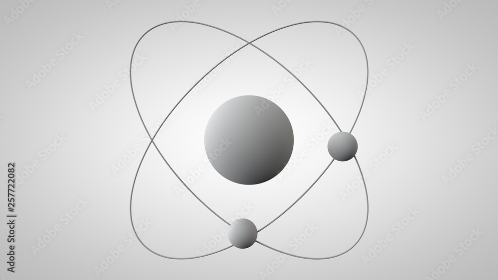 Aufkleber 3d illustration of an atom model with a nucleus and two electrons in orbits. 3d model of the structu