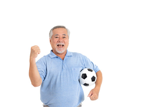 Lifestyle senior man feel happy holding football soccer ball prepare for Cheer team favorite isolated on white background