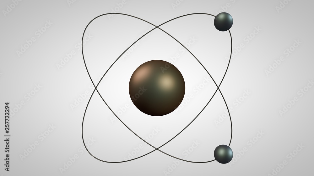 Poster 3d illustration of an atom model with a nucleus and two electrons. metal model of the structure of t