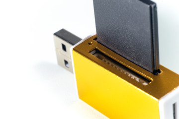 memory gold card reader on white background
