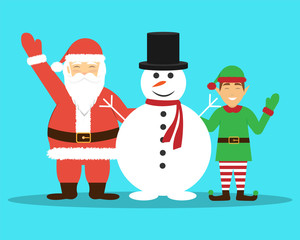 Santa Claus, snowman and elf. Merry Christmas and Happy New Year. Flat design.