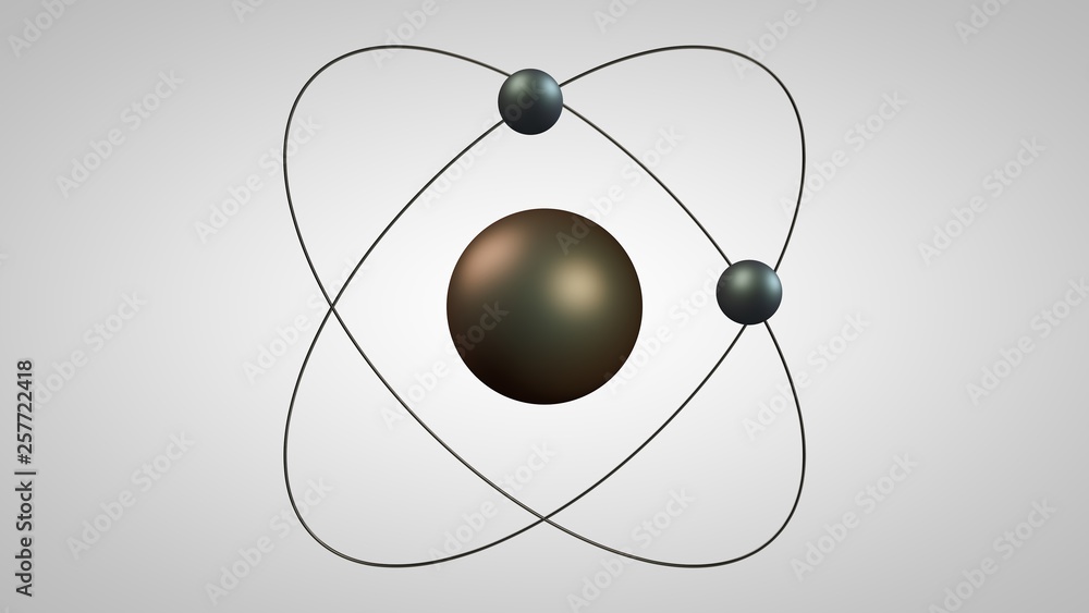 Poster 3d illustration of an atom model with a nucleus and two electrons. metal model of the structure of t