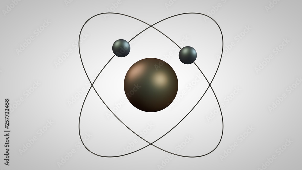 Poster 3d illustration of an atom model with a nucleus and two electrons. metal model of the structure of t