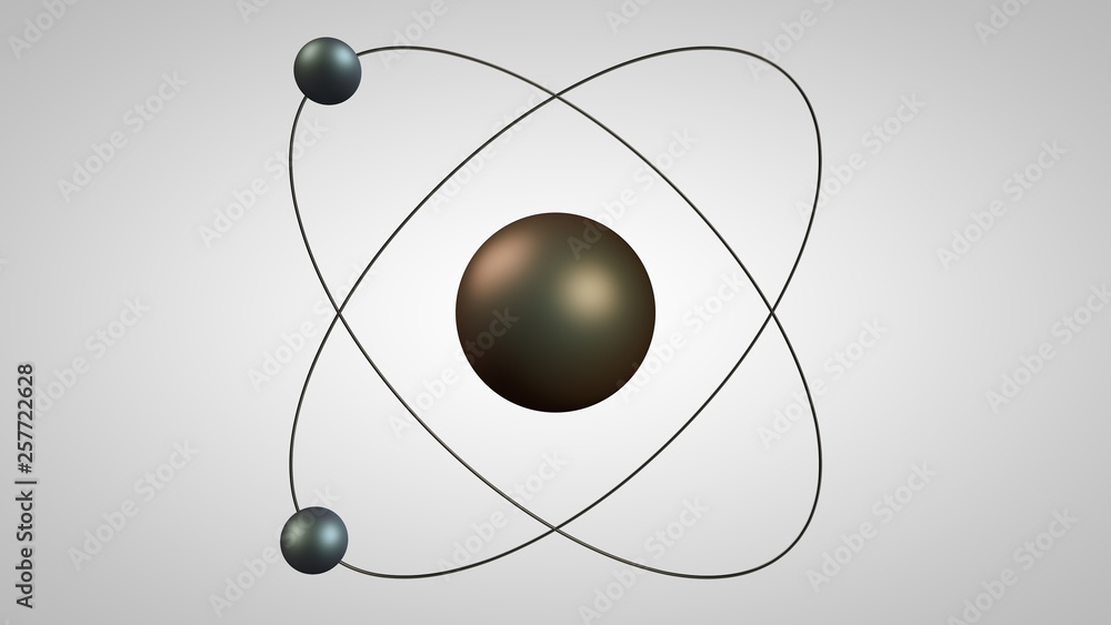 Poster 3d illustration of an atom model with a nucleus and two electrons. metal model of the structure of t