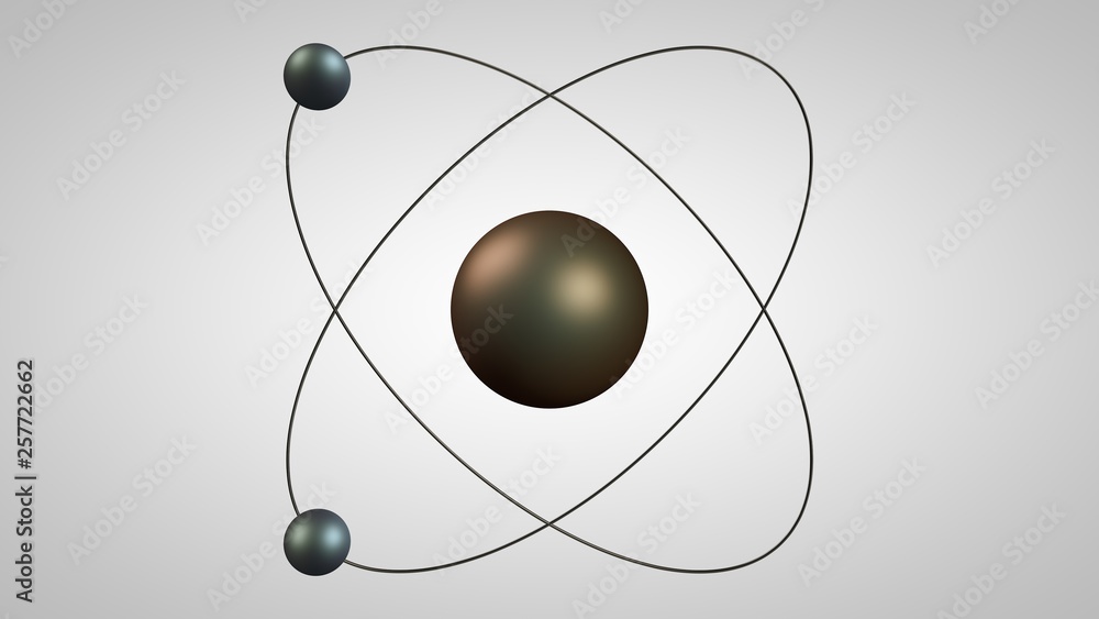 Poster 3d illustration of an atom model with a nucleus and two electrons. metal model of the structure of t