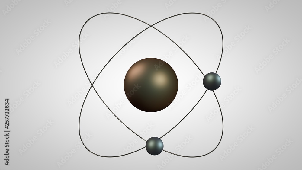 Aufkleber 3d illustration of an atom model with a nucleus and two electrons. metal model of the structure of t