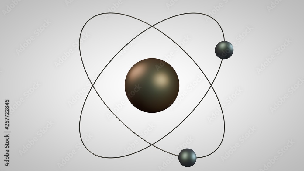 Poster 3d illustration of an atom model with a nucleus and two electrons. metal model of the structure of t