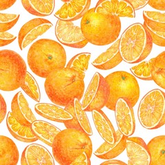 Seamless cool pattern with orange fruit in watercolor. Sweet and fresh fruit element for menu, greeting cards, wrapping paper, cosmetics packaging, labels, tags, posters, fabrics, textile