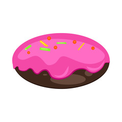 Chocolate biscuit with bright pink topping or glaze. Dessert, sweet snack, cake. Vector illustration can be used for topics like bakery, confectionery, pastry