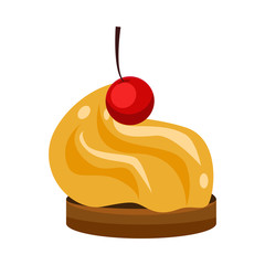 Chocolate biscuit with pink cream and cherry. Dessert, cake, pastry. Vector illustration can be used for topics like bakery, sweet food, cafe menu