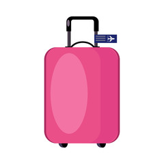 Pink plastic suitcase with sticker. Luggage bag, baggage, wheel. Vector illustration can be used for topics like vacation, travel, trip, journey