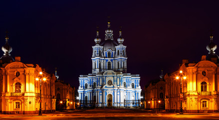 Fototapeta na wymiar Smolny of the resurrection of Christ Cathedral in St. Petersburg during whinter nights, Russia