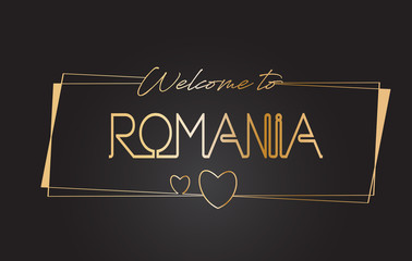 Obraz premium Romania Welcome to Golden text Neon Lettering Typography Vector Illustration.
