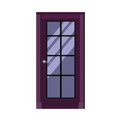 Violet interior door with lattice window and handle. Entrance, doorway, home. Vector illustration can be used for topics like house, building, montage, interior design