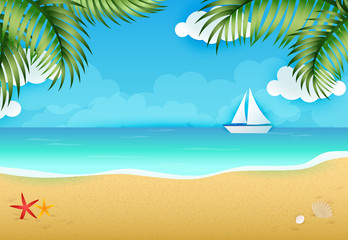 Fototapeta na wymiar Idyllic background of tropical beach landscape vector illustration. Summer resort, paradise, sea. Vacation concept. Vector illustration can be used for topics like summer, travel, tourism