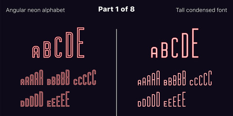Condensed Red neon font, Angular. Vector set