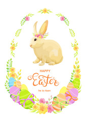 Happy Easter card with rabbit, eggs and flowers.