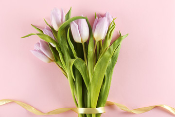 Multy purpose fresh flower composition, bouquet of purple tulips. International Women's day, mother's day greeting concept. Copy space, close up, top view, flat lay, background.