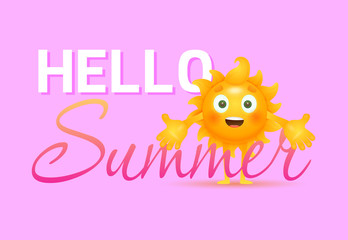 Hello summer lettering with smiling sun cartoon character. Tourism, summer offer design. Handwritten and typed text, calligraphy. For leaflets, brochures, invitations, posters or banners.