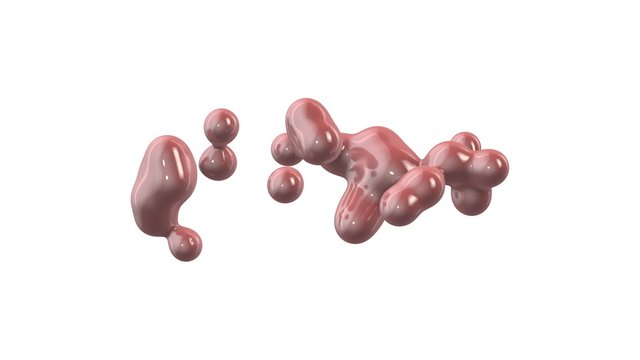 3D rendering of pink droplets in space in zero gravity. Illustration of an amorphous substance on a white background. Abstract image. Isolated on white background.