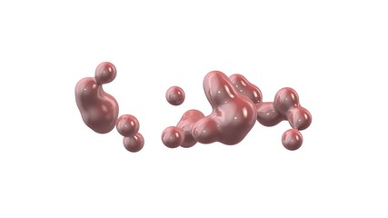 3D rendering of pink droplets in space in zero gravity. Illustration of an amorphous substance on a white background. Abstract image. Isolated on white background.
