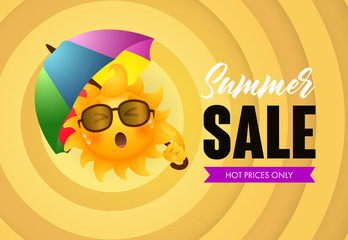 Summer sale, hot prices only lettering and sun with umbrella. Tourism, summer offer or sale design. Handwritten and typed text, calligraphy. For leaflets, brochures, invitations, posters or banners.