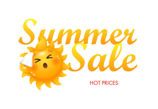 Summer sale, hot prices lettering with sun cartoon character. Summer offer or sale advertising design. Handwritten and typed text, calligraphy. For leaflets, invitations, posters or banners.