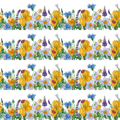 Hand painted watercolor seamless pattern of spring flowers.